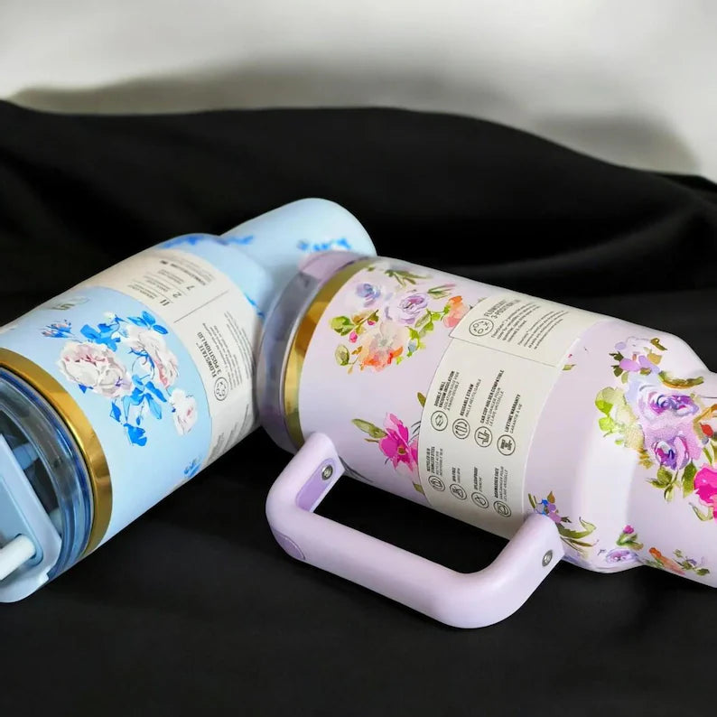 Two floral-patterned bottles
