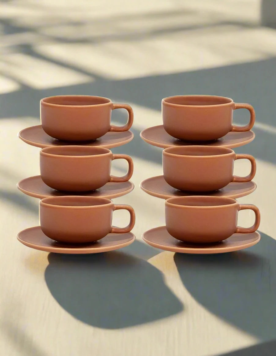 Hue Tea Cup and Saucer Set 200ml -Set of 6 in Brown