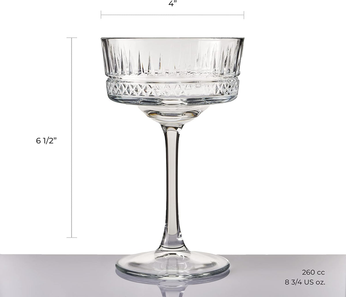 Clear glass coupe with dimensions on a white background