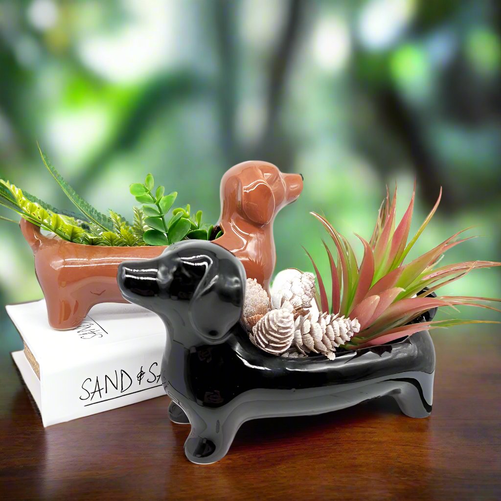 dog in plant pot Dachshund Sausage Dog Planter Pot-Black and Brown