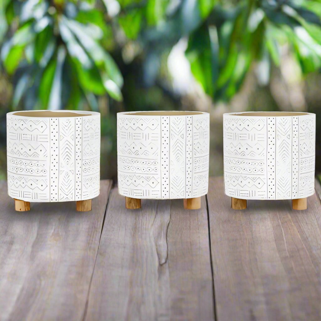 White Aztec Cement Footed Planter