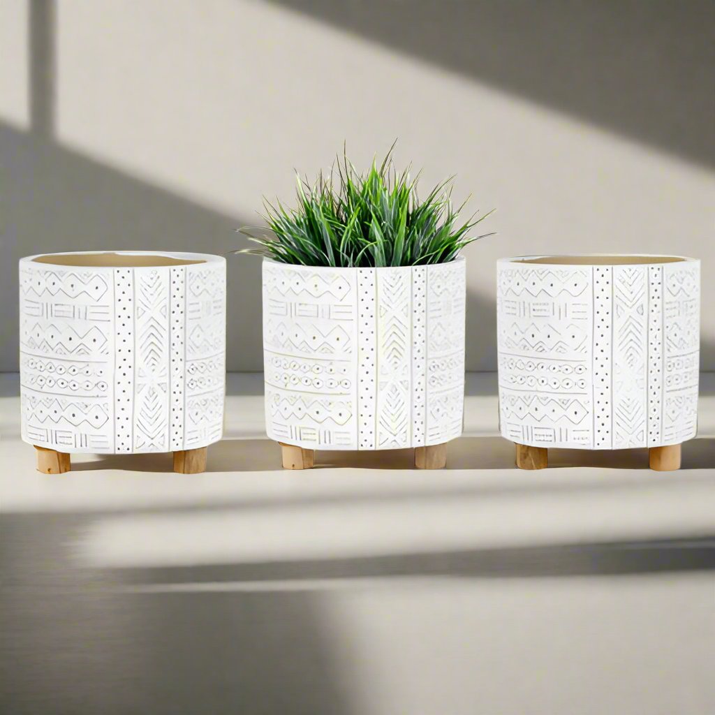 Aztec Cement Footed Planter-White