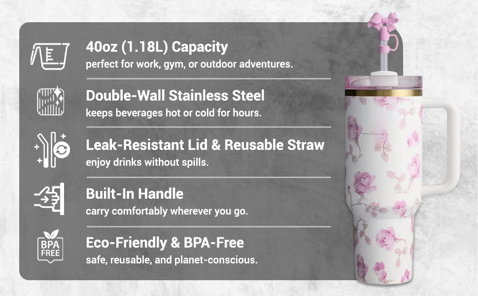 Love Shack 40oz Petal Pink Floral Insulated Tumbler – Stainless Steel Reusable Travel Cup
