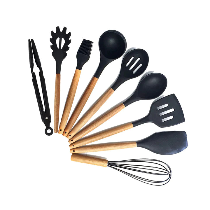 Designed to keep you cooking with flair, these handsome Acacia Handle Silicone Utensil Set in a 10 piece feature a black silicone head and a rounded handle of solid acacia, perfect for the modern chef. Everything you need, including a utensil holder!| Bliss Gifts &amp; Homewares | Unit 8, 259 Princes Hwy Ulladulla | South Coast NSW | Online Retail Gift &amp; Homeware Shopping | 0427795959, 44541523