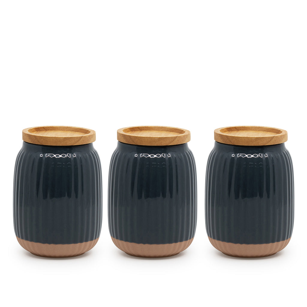 With a soft organic form and hand carved rib texture is salt&pepper's Amana Canister Set. With a distinctive black glaze, matte faux terracotta base and airtight wooden lid, this set of three 10x14cm canisters will store and keep your dry foods fresh. | Bliss Gifts & Homewares | Unit 8, 259 Princes Hwy Ulladulla | South Coast NSW | Online Retail Gift & Homeware Shopping | 0427795959, 44541523