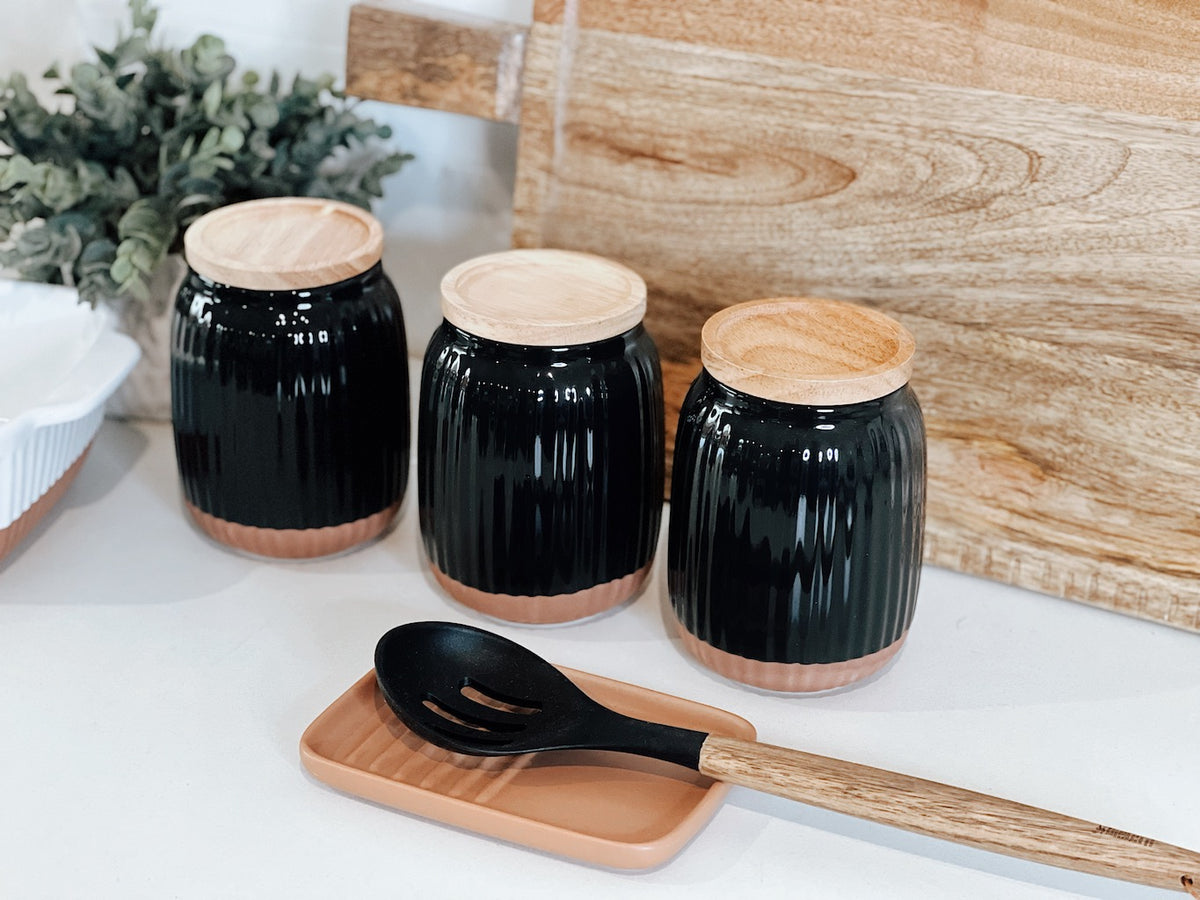 With a soft organic form and hand carved rib texture is salt&amp;pepper&#39;s Amana Canister Set. With a distinctive black glaze, matte faux terracotta base and airtight wooden lid, this set of three 10x14cm canisters will store and keep your dry foods fresh. | Bliss Gifts &amp; Homewares | Unit 8, 259 Princes Hwy Ulladulla | South Coast NSW | Online Retail Gift &amp; Homeware Shopping | 0427795959, 44541523