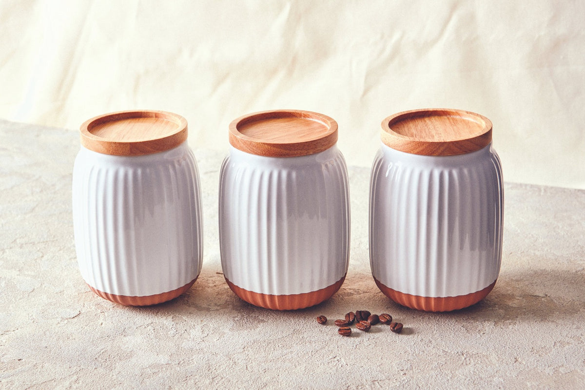 With a soft organic form and hand carved rib texture is salt&amp;pepper&#39;s Amana Canister Set. With a distinctive white glaze, matte faux terracotta base and airtight wooden lid, this set of three 10x14cm canisters will store and keep your dry foods fresh.| Bliss Gifts &amp; Homewares | Unit 8, 259 Princes Hwy Ulladulla | South Coast NSW | Online Retail Gift &amp; Homeware Shopping | 0427795959, 44541523