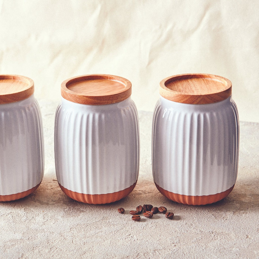 With a soft organic form and hand carved rib texture is salt&pepper's Amana Canister Set. With a distinctive white glaze, matte faux terracotta base and airtight wooden lid, this set of three 10x14cm canisters will store and keep your dry foods fresh.| Bliss Gifts & Homewares | Unit 8, 259 Princes Hwy Ulladulla | South Coast NSW | Online Retail Gift & Homeware Shopping | 0427795959, 44541523
