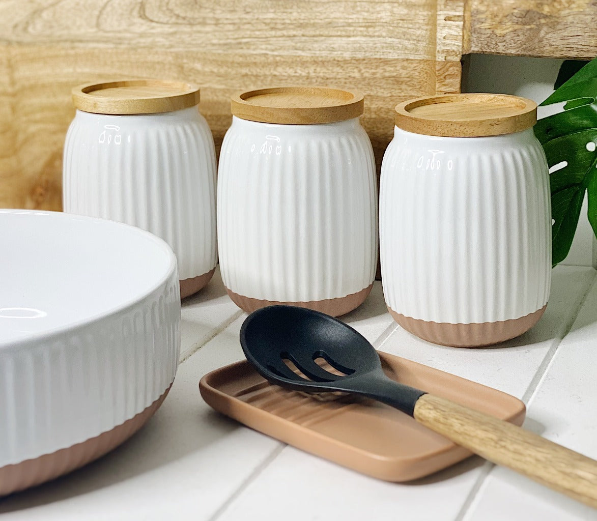 With a soft organic form and hand carved rib texture is salt&amp;pepper&#39;s Amana Canister Set. With a distinctive white glaze, matte faux terracotta base and airtight wooden lid, this set of three 10x14cm canisters will store and keep your dry foods fresh.| Bliss Gifts &amp; Homewares | Unit 8, 259 Princes Hwy Ulladulla | South Coast NSW | Online Retail Gift &amp; Homeware Shopping | 0427795959, 44541523