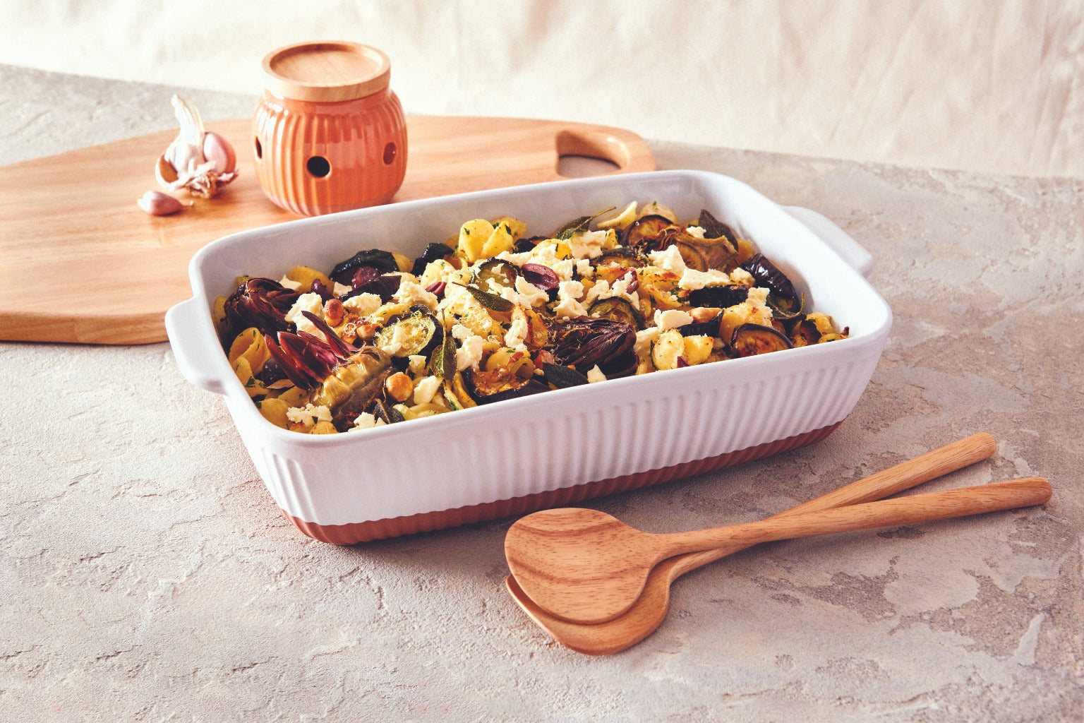 Created from stoneware with a soft organic form and hand carved rib texture is Amana Rectangle Baking Dish. With a distinctive glossy white glaze and matte faux terracotta base, this 33x18x8cm baking dish is perfect for entertaining.| Bliss Gifts & Homewares | Unit 8, 259 Princes Hwy Ulladulla | South Coast NSW | Online Retail Gift & Homeware Shopping | 0427795959, 44541523