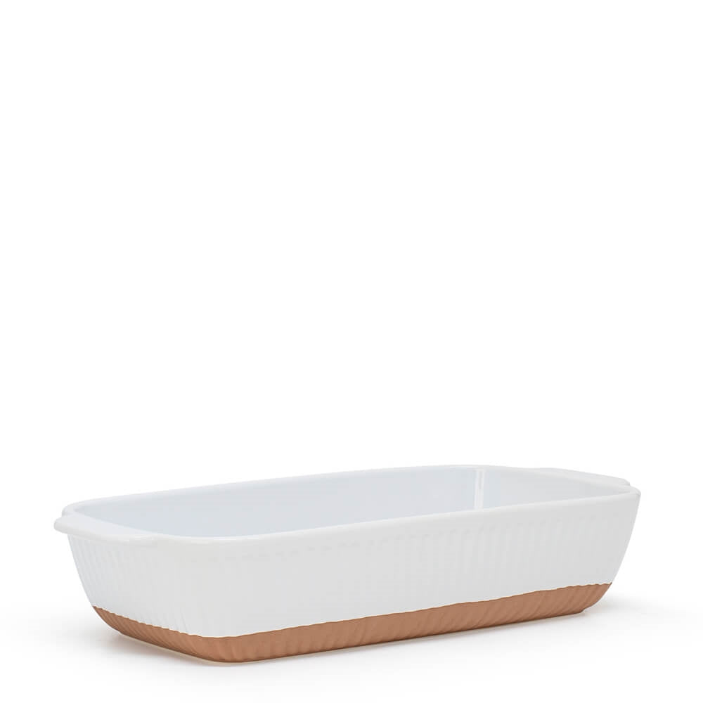 Created from stoneware with a soft organic form and hand carved rib texture is Amana Rectangle Baking Dish. With a distinctive glossy white glaze and matte faux terracotta base, this 33x18x8cm baking dish is perfect for entertaining.| Bliss Gifts &amp; Homewares | Unit 8, 259 Princes Hwy Ulladulla | South Coast NSW | Online Retail Gift &amp; Homeware Shopping | 0427795959, 44541523