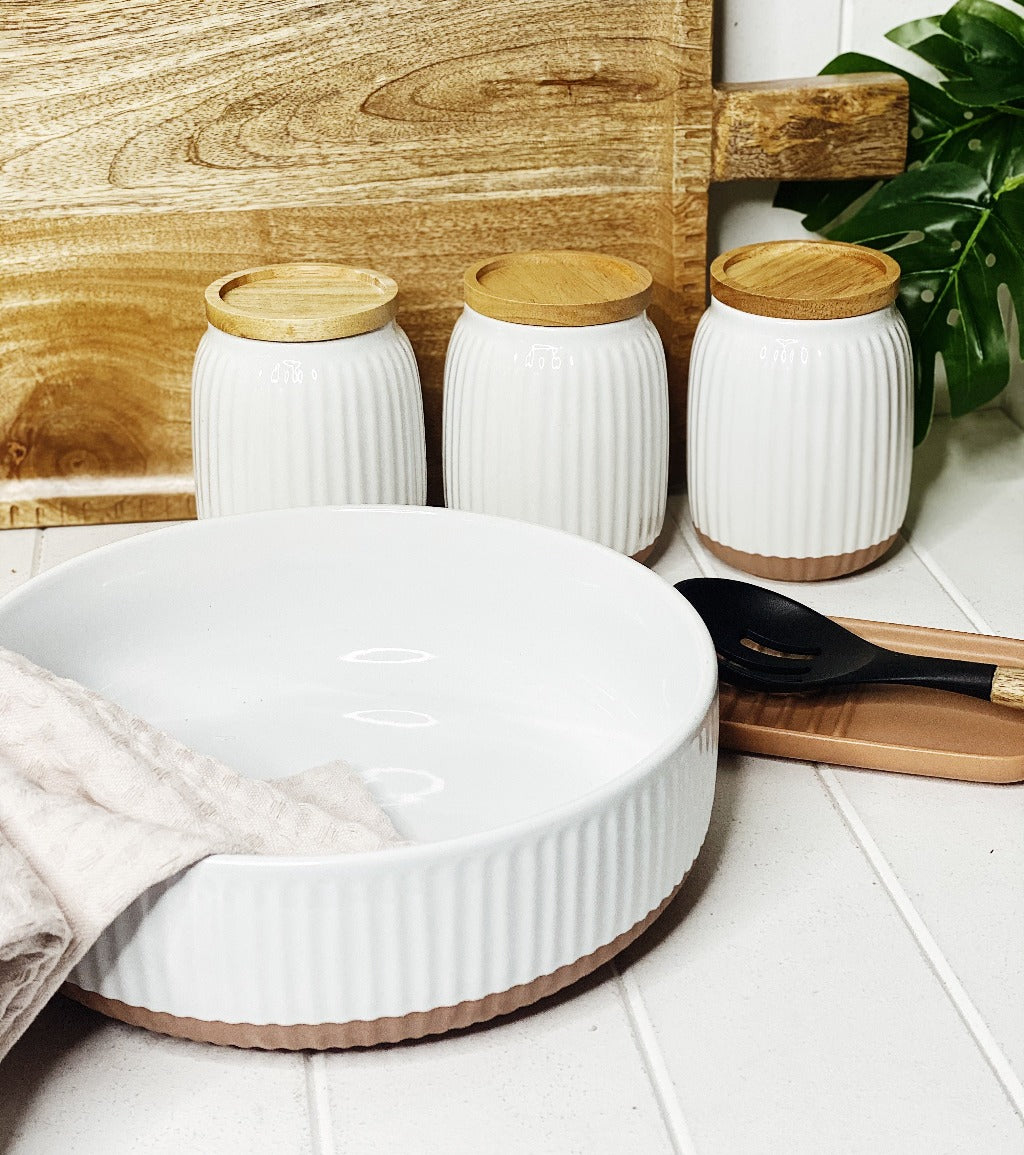 Created from stoneware with a soft organic form and hand carved rib texture is salt&amp;pepper&#39;s Amana Serving Bowl. With a distinctive glossy white glaze and matte faux terracotta base, this 26x8cm serving bowl is perfect for entertaining at home.| Bliss Gifts &amp; Homewares | Unit 8, 259 Princes Hwy Ulladulla | South Coast NSW | Online Retail Gift &amp; Homeware Shopping | 0427795959, 44541523