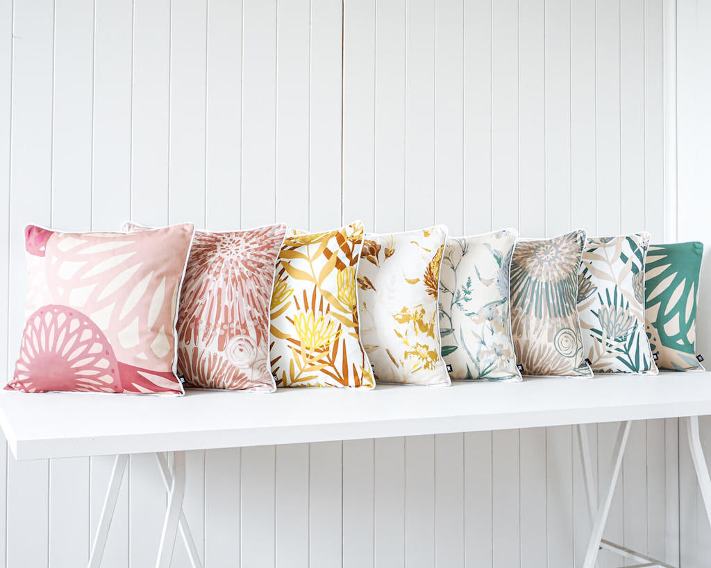 Our Banksia Native Sage Cushion is a beautiful and elegant addition to any home. Featuring a neutral and cool colour palate of flowers, this cushion is perfect for any home style and will bring a pop of Australian Native florals to your space. 45x45. | Bliss Gifts &amp; Homewares | Unit 8, 259 Princes Hwy Ulladulla | South Coast NSW | Online Retail Gift &amp; Homeware Shopping | 0427795959, 44541523