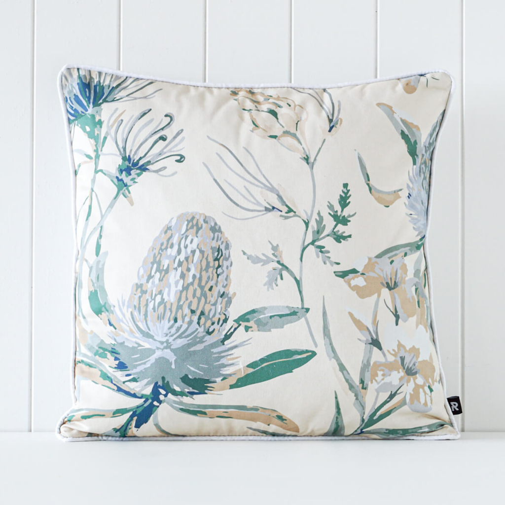 Our Banksia Native Sage Cushion is a beautiful and elegant addition to any home. Featuring a neutral and cool colour palate of flowers, this cushion is perfect for any home style and will bring a pop of Australian Native florals to your space. 45x45. | Bliss Gifts &amp; Homewares | Unit 8, 259 Princes Hwy Ulladulla | South Coast NSW | Online Retail Gift &amp; Homeware Shopping | 0427795959, 44541523