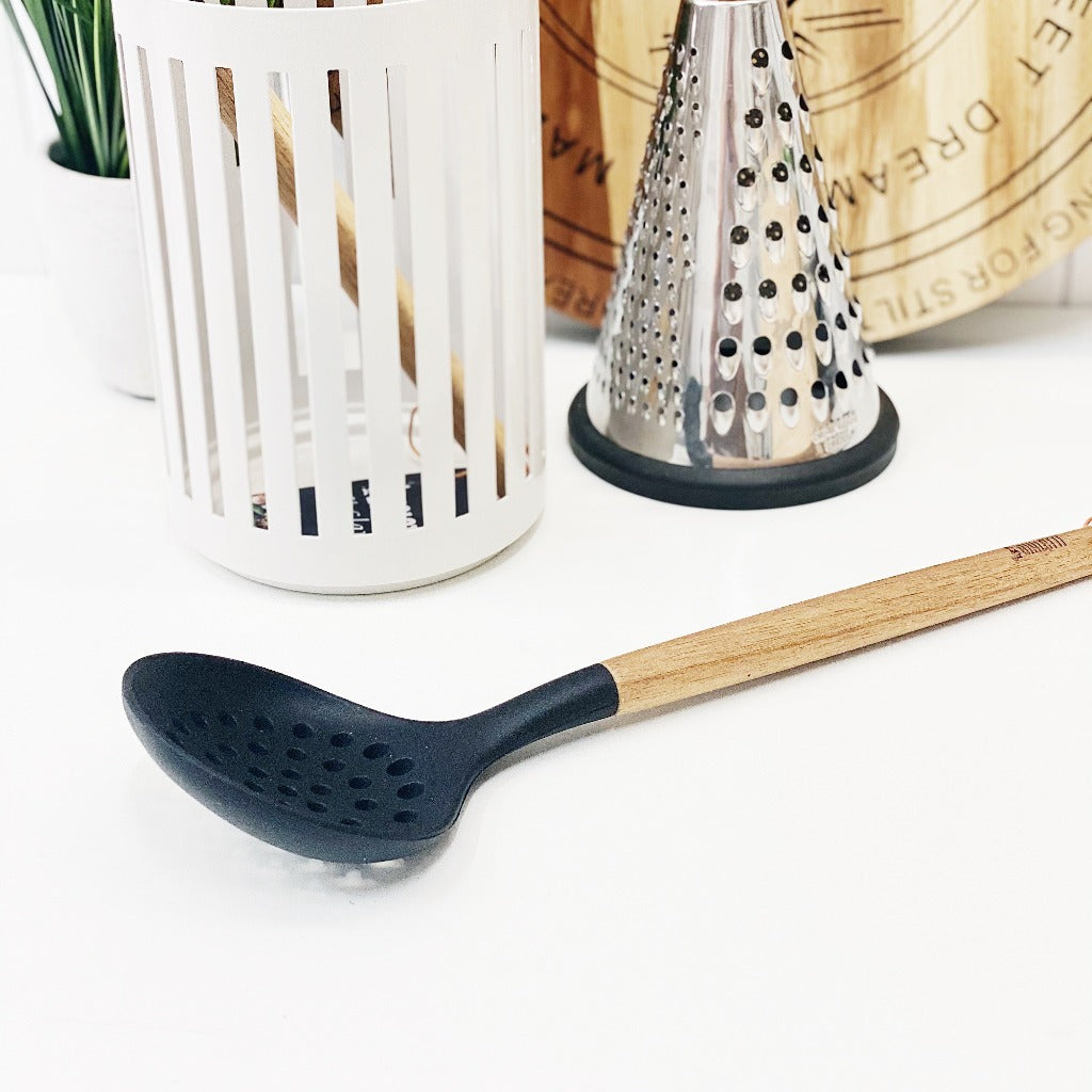Bialetti St Clare Acacia Handle Silicone Slotted Skimmer - Kitchen Utensils - black silicone head - heat resistant up to 500degrees - solid acacia handle |Bliss Gifts &amp; Homewares - Unit 8, 259 Princes Hwy Ulladulla - Shop Online &amp; In store - 0427795959, 44541523 - Australia wide shipping