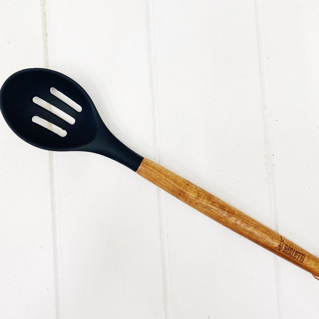 Bialetti St Clare Acacia Handle Silicone Slotted Spoon - Kitchen Utensils - black silicone head - heat resistant up to 500degrees - solid acacia handle |Bliss Gifts &amp; Homewares - Unit 8, 259 Princes Hwy Ulladulla - Shop Online &amp; In store - 0427795959, 44541523 - Australia wide shipping