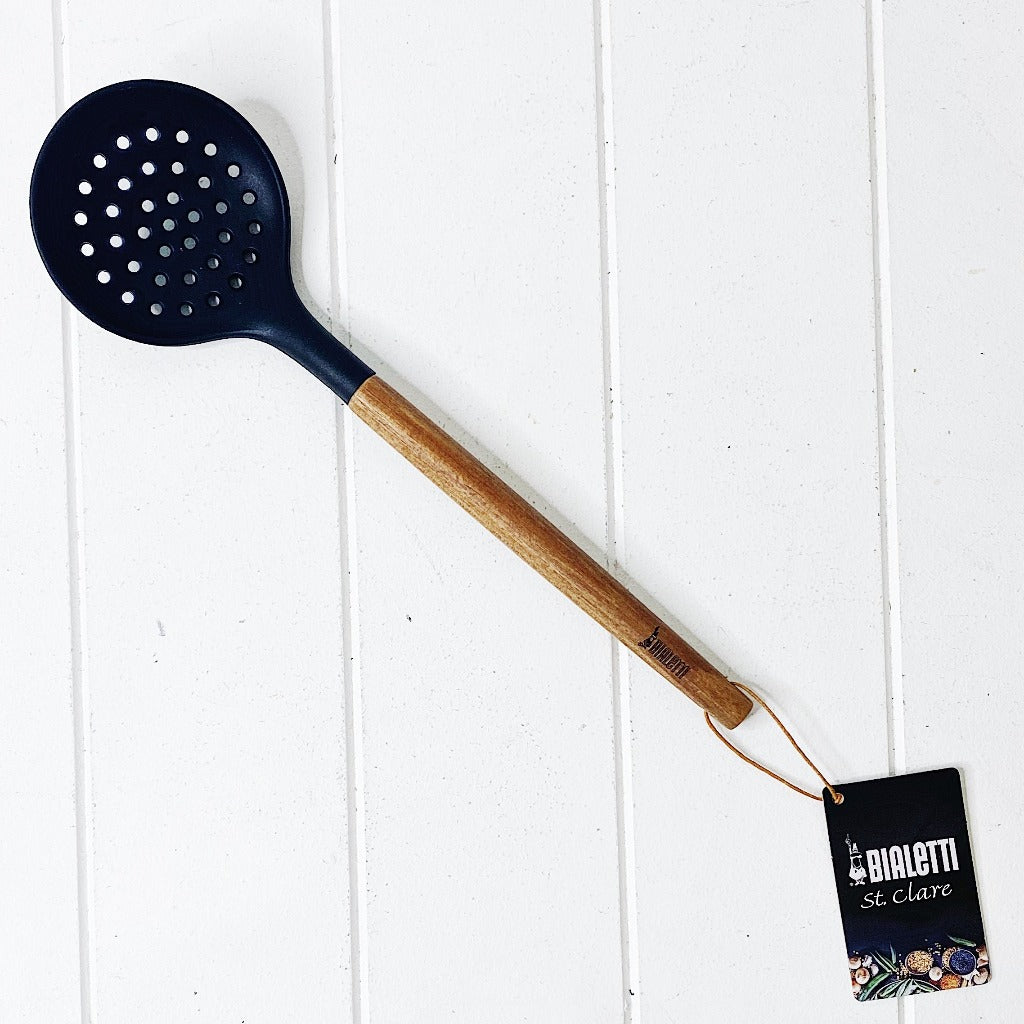 Bialetti St Clare Acacia Handle Silicone Slotted Skimmer - Kitchen Utensils - black silicone head - heat resistant up to 500degrees - solid acacia handle |Bliss Gifts & Homewares - Unit 8, 259 Princes Hwy Ulladulla - Shop Online & In store - 0427795959, 44541523 - Australia wide shipping 