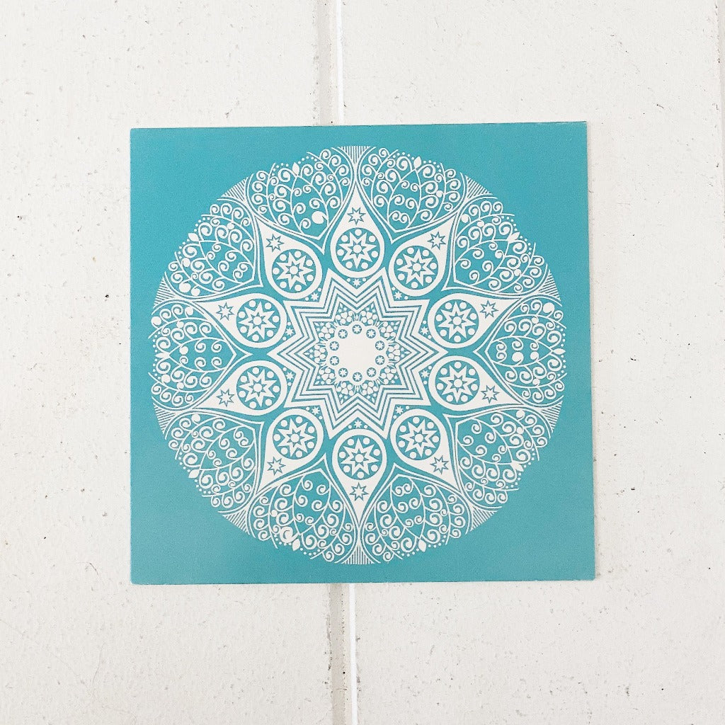 Blue & White Mandala All Occasion Card. Card is blank inside, awaiting a special handwritten message for any and all occasions. Dimensions: 11.5cm x 11.5cm. Comes with a blank envelope. | Bliss Gifts & Homewares | Unit 8, 259 Princes Hwy Ulladulla | South Coast NSW | Online Retail Gift & Homeware Shopping | 0427795959, 44541523