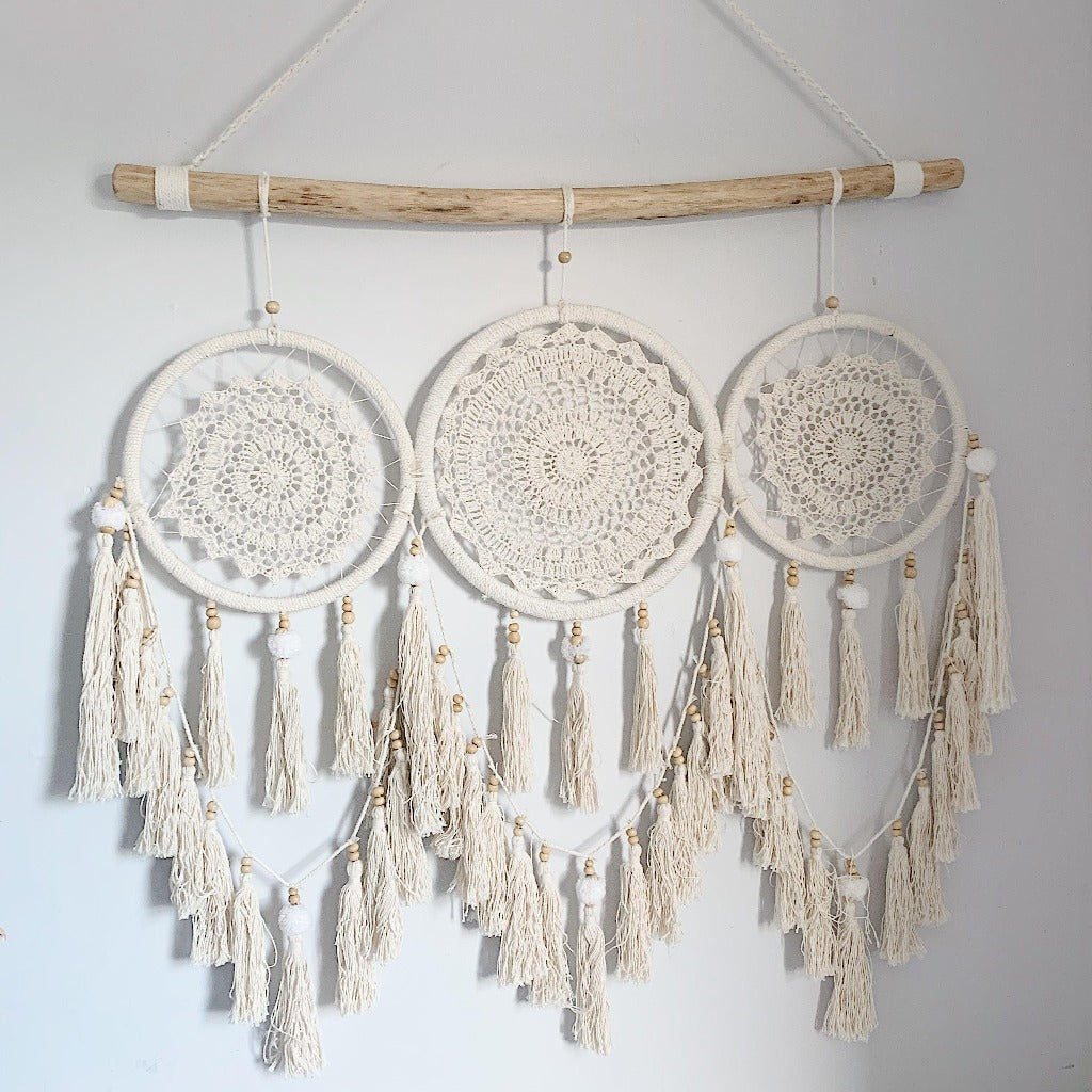 Boho Driftwood & Macrame Triple Dreamcatcher - Features 3 beautiful Dreamcatchers hung together on a piece of driftwood, with hanging tassels - Measures Approx: 85cm wide x 127cm tall |Bliss Gifts & Homewares - Unit 8, 259 Princes Hwy Ulladulla - Shop Online & In store - 0427795959, 44541523 - Australia wide shipping 