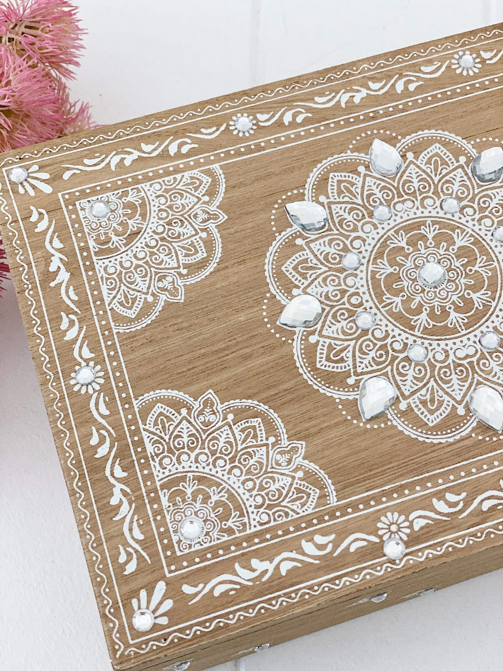 Our Boho Mandala Trinket Box is bohemian inspired and perfect for storing your treasures in the bedroom or around the home. The delicate hand painted mandala design is dotted with jewels, providing both fun, functionality and luxury.| Bliss Gifts &amp; Homewares | Unit 8, 259 Princes Hwy Ulladulla | South Coast NSW | Online Retail Gift &amp; Homeware Shopping | 0427795959, 44541523