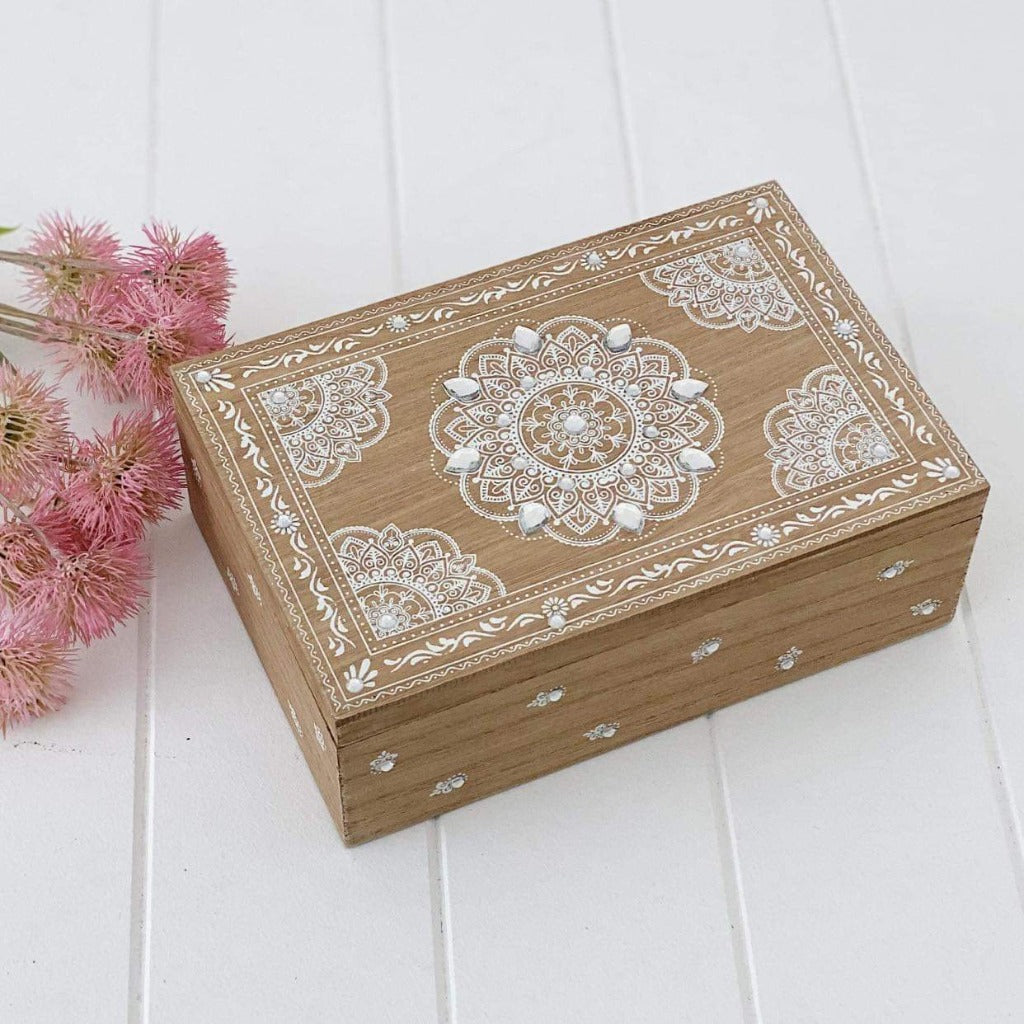 Our Boho Mandala Trinket Box is bohemian inspired and perfect for storing your treasures in the bedroom or around the home. The delicate hand painted mandala design is dotted with jewels, providing both fun, functionality and luxury.| Bliss Gifts &amp; Homewares | Unit 8, 259 Princes Hwy Ulladulla | South Coast NSW | Online Retail Gift &amp; Homeware Shopping | 0427795959, 44541523