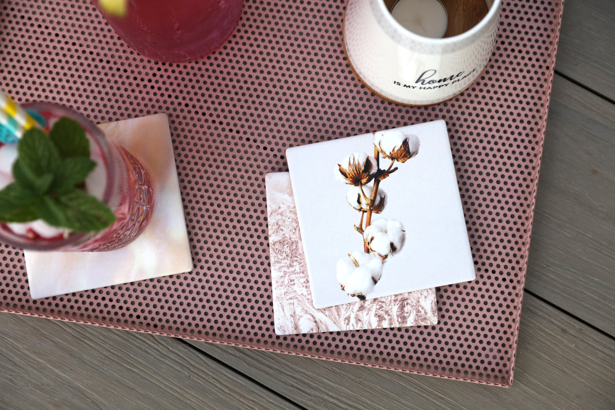 Our Dusk Cotton Ceramic Coaster features a soft, feminine colour palette inspired by Hygge designs. With touches of natural elements and splashes of gold, this sophisticated range will bring warmth and comfort to any home. 10.8 x 10.8 x 0.5cm Details: Printed ceramic coaster with cork backing | Bliss Gifts &amp; Homewares | Unit 8, 259 Princes Hwy Ulladulla | South Coast NSW | Online Retail Gift &amp; Homeware Shopping | 0427795959, 44541523