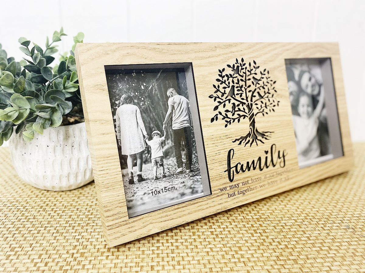This frame combines the word &quot;Family&quot; in attractive, black print under a tree of life and the quote &quot;we may not have it all together, but together we have it all&quot; with space for 2 images.| Bliss Gifts &amp; Homewares | Unit 8, 259 Princes Hwy Ulladulla | South Coast NSW | Online Retail Gift &amp; Homeware Shopping | 0427795959, 44541523