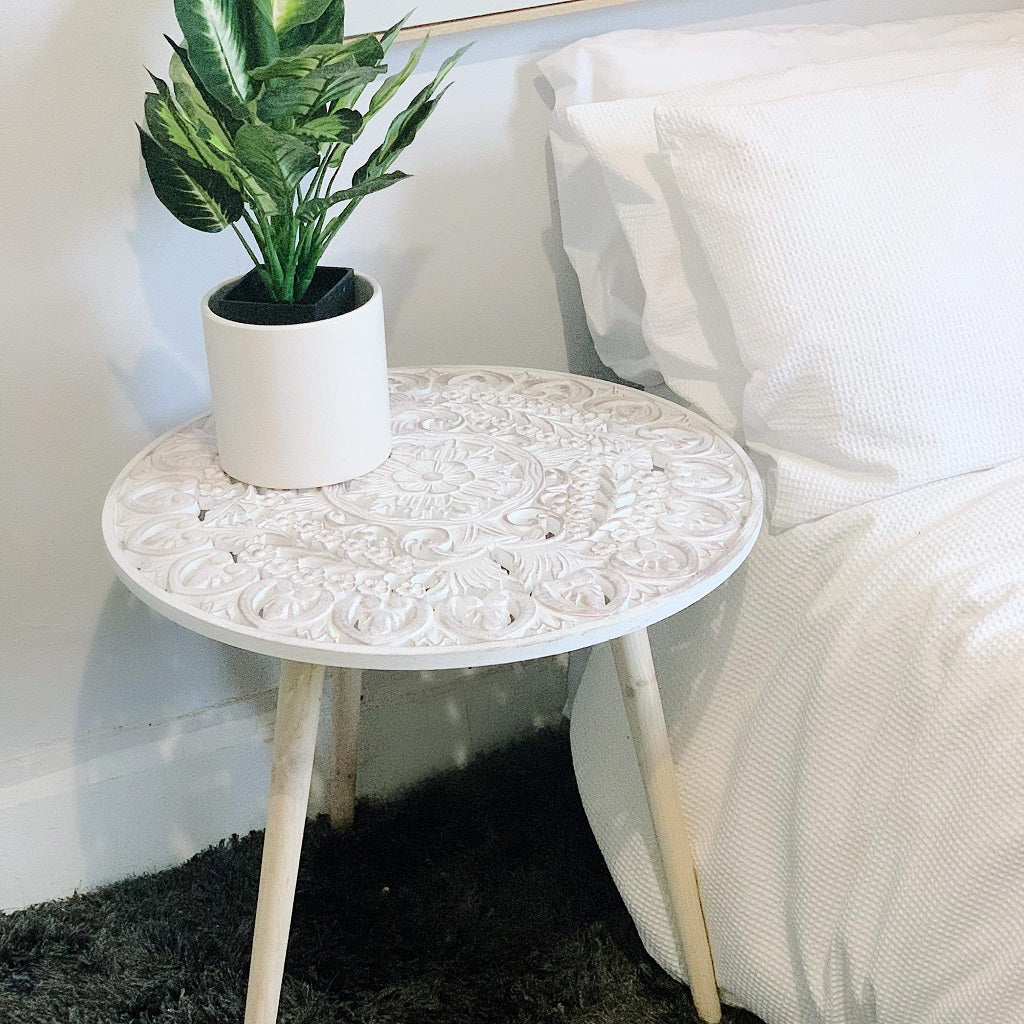 Add some Bohemian style to your home with our Flora Side Tables which come in a lace pattern with either a white or rose gold finish. Perfect as a bedside table, coffee table or as corner decor table. 60cm x 60cm x 57cm.| Bliss Gifts & Homewares | Unit 8, 259 Princes Hwy Ulladulla | South Coast NSW | Online Retail Gift & Homeware Shopping | 0427795959, 44541523