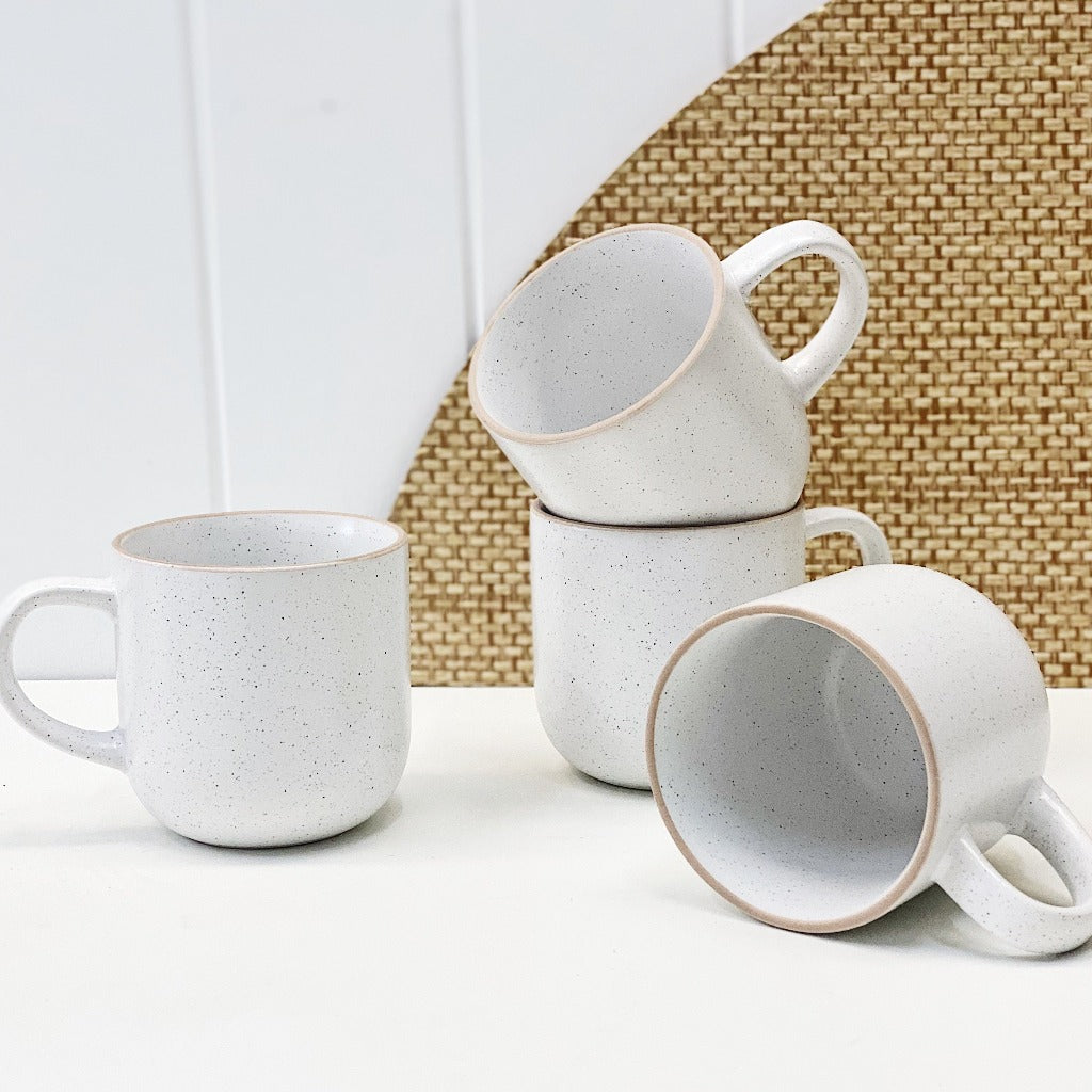 Ideal for everyday use is Salt&amp;Pepper&#39;s four-piece HANA mug set in white. Each mug has a simple yet modern shape with a slight speckle tone throughout and is finished with a natural-coloured rim. 12 x 9 cm.| Bliss Gifts &amp; Homewares | Unit 8, 259 Princes Hwy Ulladulla | South Coast NSW | Online Retail Gift &amp; Homeware Shopping | 0427795959, 44541523