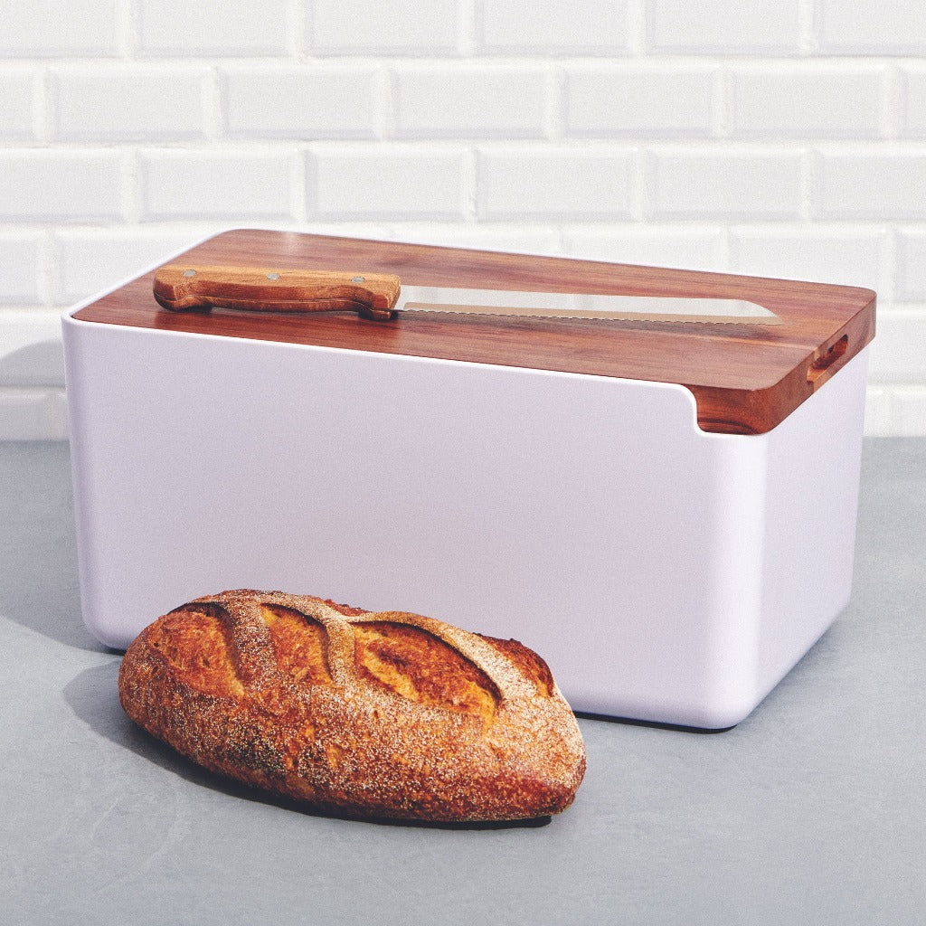 Salt&amp;Pepper&#39;s HUDSON Bread Bin with Wooden Cutting Board is the result of a beautiful combination of acacia wood and a sleek white stainless steel base - Includes bread bin, chopping board and bread knife | Shop online or in-store | AfterPay available | Australia wide Shipping | Unit 8, 259 Princes Hwy Ulladulla | South Coast NSW | 0427795959, 44541523