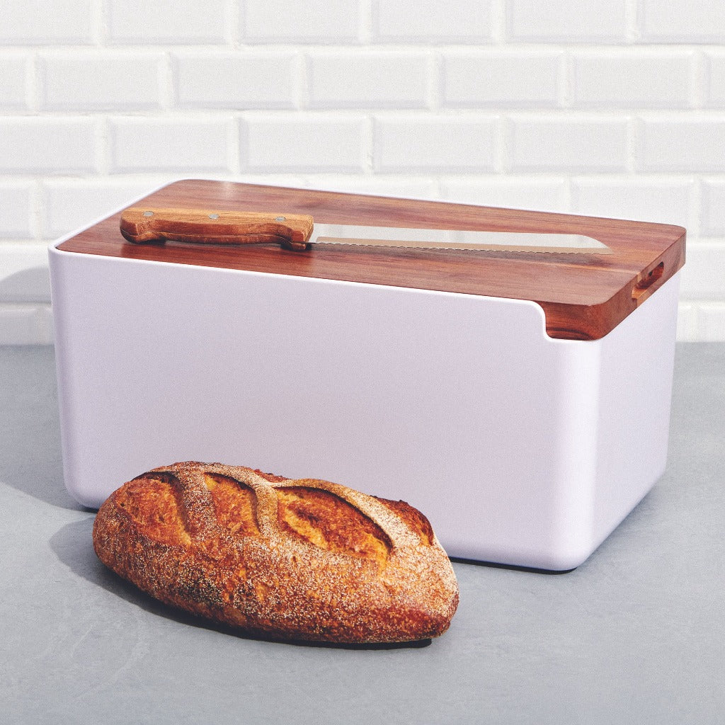 Salt&Pepper's HUDSON Bread Bin with Wooden Cutting Board is the result of a beautiful combination of acacia wood and a sleek white stainless steel base - Includes bread bin, chopping board and bread knife | Shop online or in-store | AfterPay available | Australia wide Shipping | Unit 8, 259 Princes Hwy Ulladulla | South Coast NSW | 0427795959, 44541523