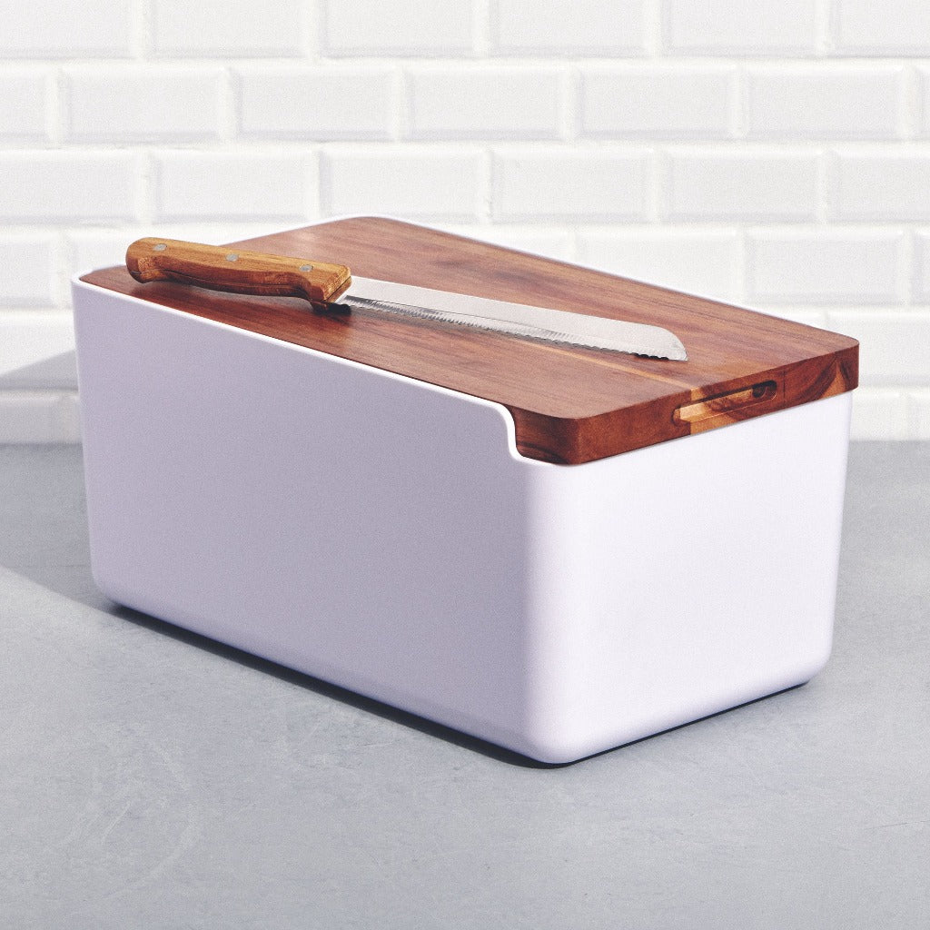 Salt&amp;Pepper&#39;s HUDSON Bread Bin with Wooden Cutting Board is the result of a beautiful combination of acacia wood and a sleek white stainless steel base - Includes bread bin, chopping board and bread knife | Shop online or in-store | AfterPay available | Australia wide Shipping | Unit 8, 259 Princes Hwy Ulladulla | South Coast NSW | 0427795959, 44541523