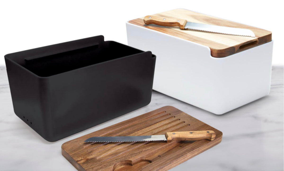 Salt&amp;Pepper&#39;s HUDSON Bread Bin with Wooden Cutting Board is the result of a beautiful combination of acacia wood and a sleek black stainless steel base - Includes bread bin, chopping board and bread knife | Shop online or in-store | AfterPay available | Australia wide Shipping | Unit 8, 259 Princes Hwy Ulladulla | South Coast NSW | 0427795959, 44541523