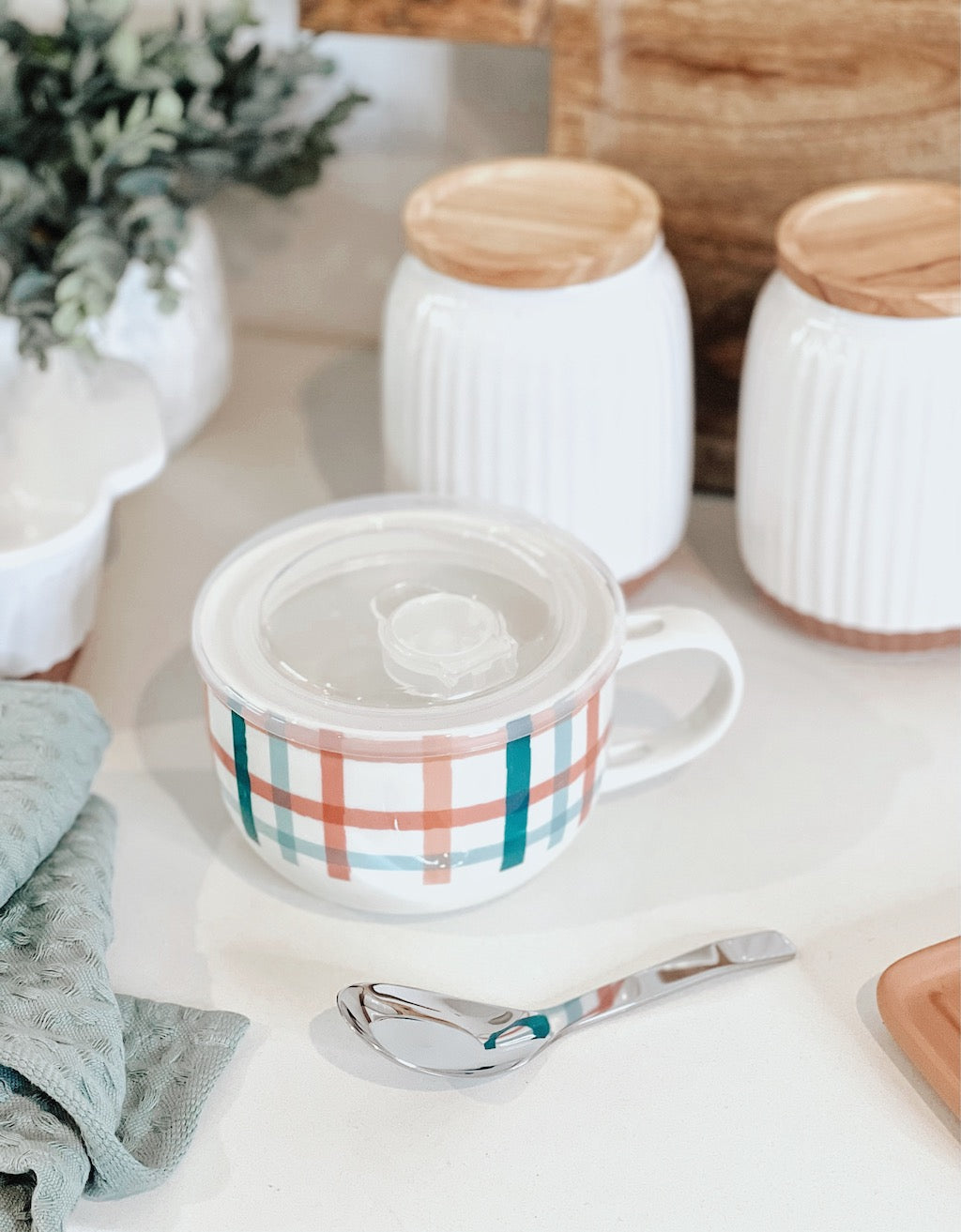 Crafted from new bone china, the LUNCH2GO Soup Mug &amp; Spoon - Pink Tartan by Salt&amp;Pepper comes with an airtight, vented BPA free lid and a stainless steel spoon. 520ml. | Bliss Gifts &amp; Homewares | Unit 8, 259 Princes Hwy Ulladulla | South Coast NSW | Online Retail Gift &amp; Homeware Shopping | 0427795959, 44541523