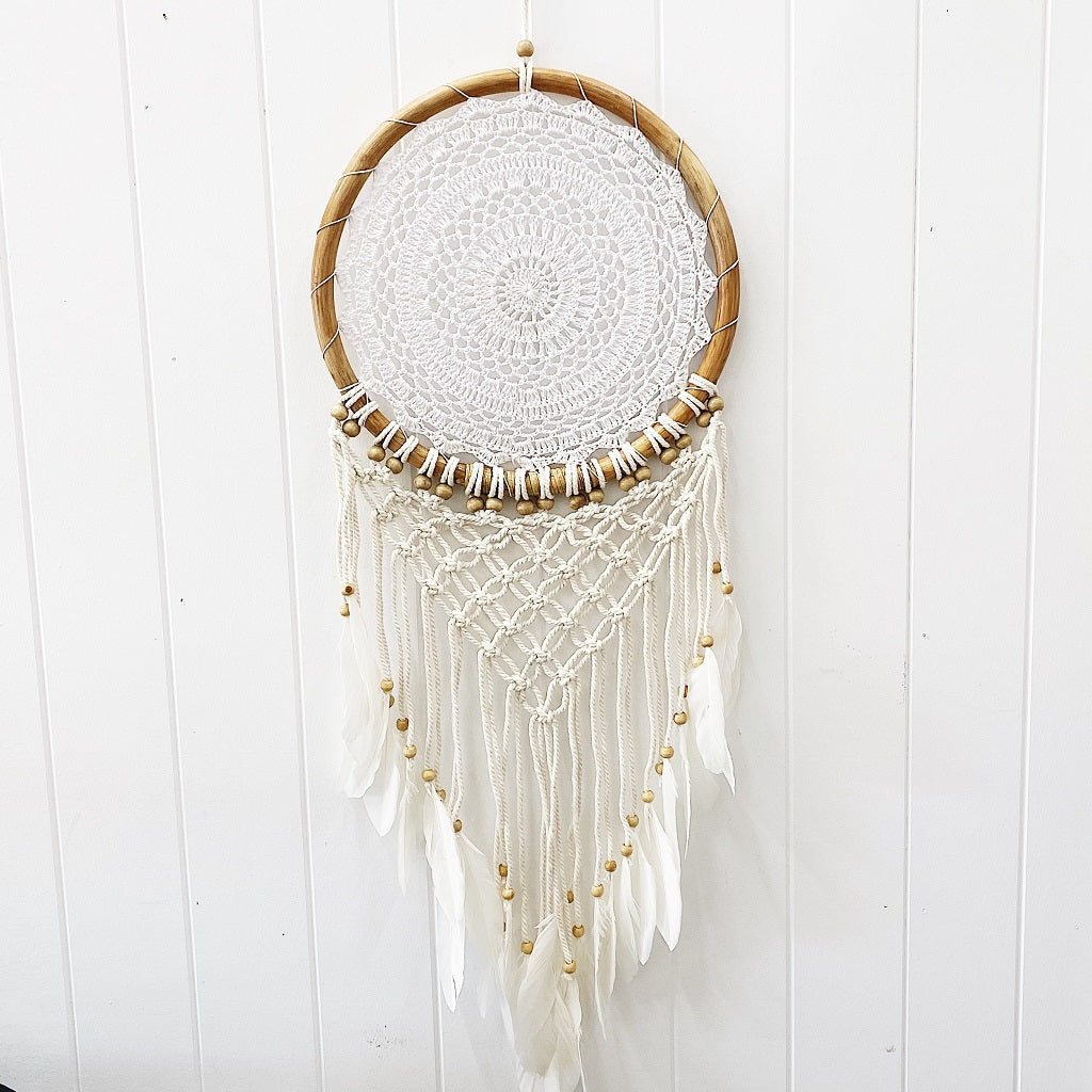 Bring bohemian style and a sense of comfort with a soothing colour palette and textures to your home with our beautiful Rattan White Layla Dream Catcher A Dream Catcher is thought to catch bad dreams and let only good dreams through to the dreamer below.| Bliss Gifts &amp; Homewares | Unit 8, 259 Princes Hwy Ulladulla | South Coast NSW | Online Retail Gift &amp; Homeware Shopping | 0427795959, 44541523