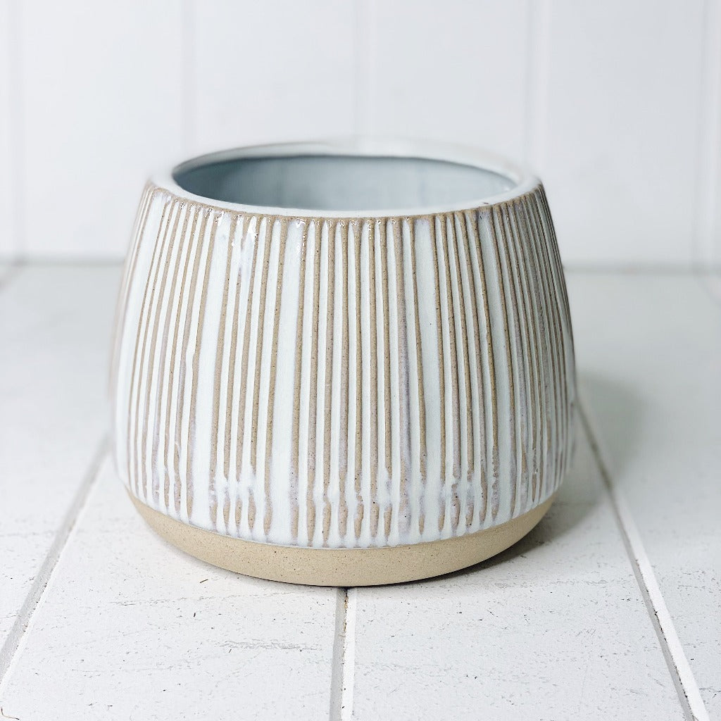 Our Luka Textured Ceramic Pot borrows rustic coastal imagery with a soft backdrop of sand and driftwood. Size: 17.1 x 17.1 x 12.7cm.| Bliss Gifts &amp; Homewares | Unit 8, 259 Princes Hwy Ulladulla | South Coast NSW | Online Retail Gift &amp; Homeware Shopping | 0427795959, 44541523
