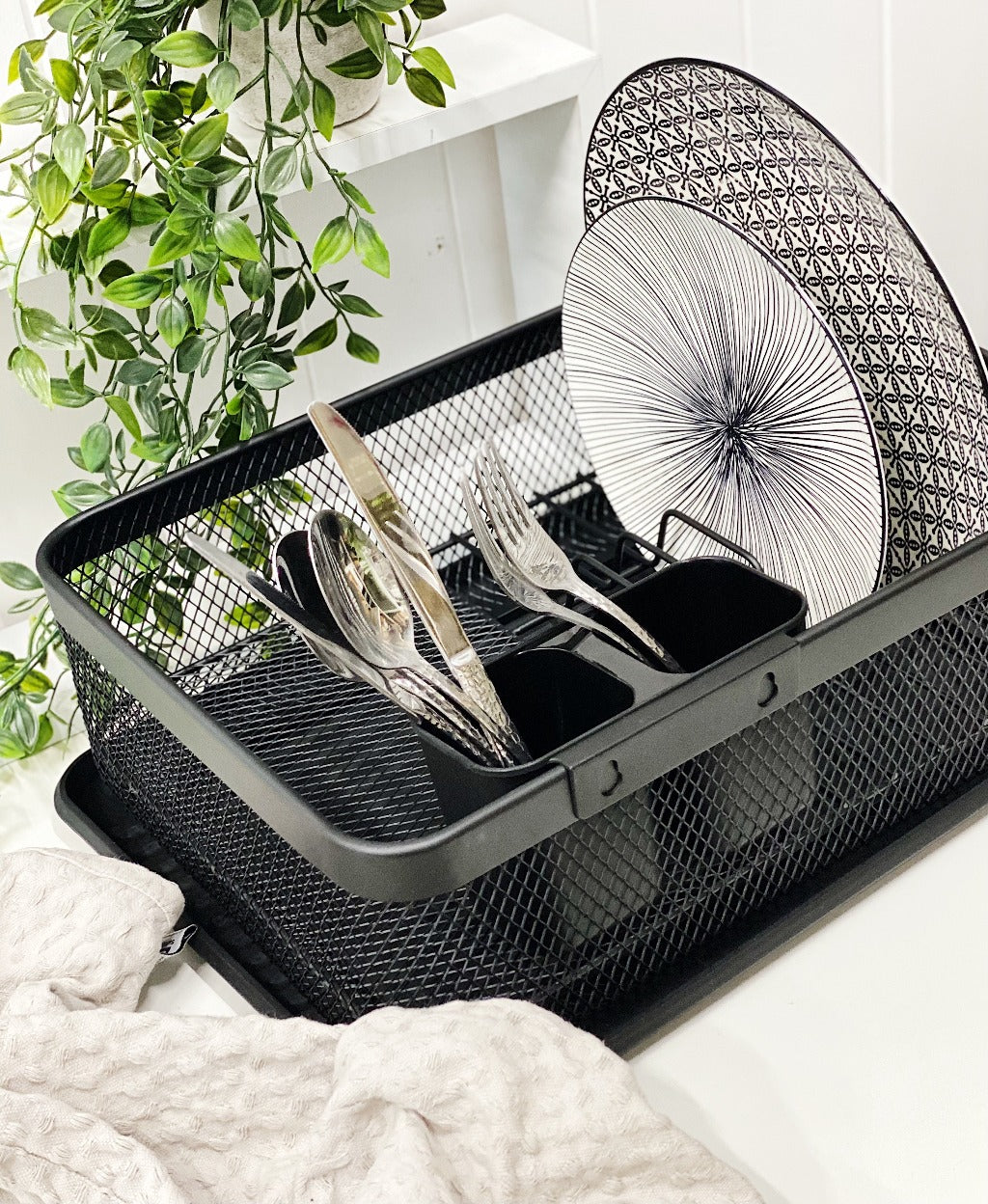 Classica Mesh Powder Coated Dish Rack Black with Cutlery Holder and Tray -41 x 29.5 x14.5cm | Drip Tray and Utensil Holder Included| Bliss Gifts &amp; Homewares | Unit 8, 259 Princes Hwy Ulladulla | South Coast NSW | Online Retail Gift &amp; Homeware Shopping | 0427795959, 44541523