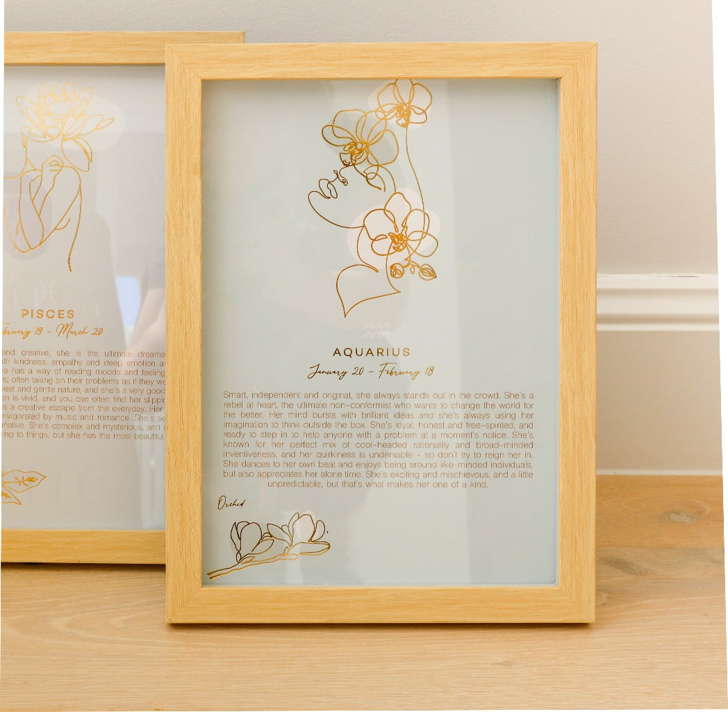 The Mystique Astrological Framed Prints feature whimsical and feminine illustrations combined with a pastel colour palette. The collection features 12x framed prints for each astrological star sign and gold foil detail for an elegant finished look.| Bliss Gifts & Homewares | Unit 8, 259 Princes Hwy Ulladulla | South Coast NSW | Online Retail Gift & Homeware Shopping | 0427795959, 44541523