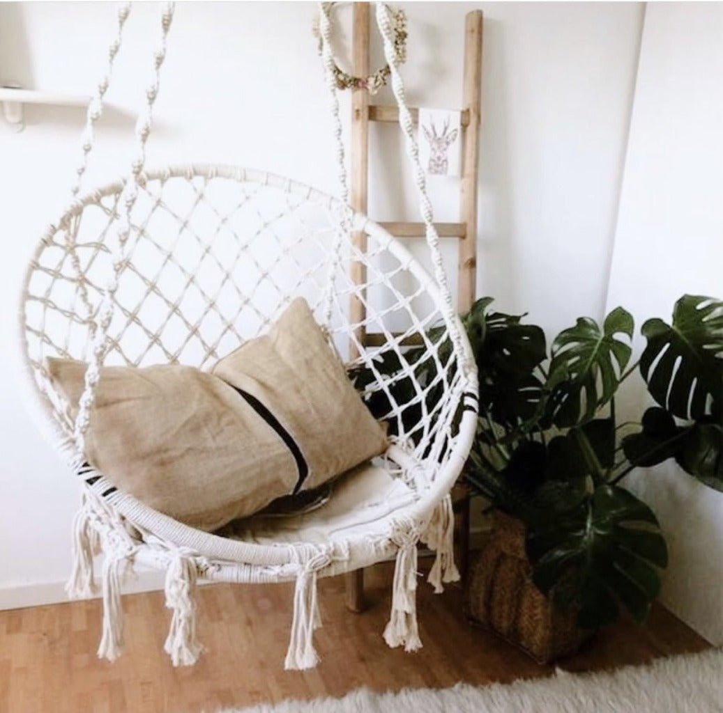 Relax and unwind in this gorgeous Macrame Boho Hanging Chair. This beautiful hanging chair has sturdy structure and has been adorned with stylish macrame and tassels and will add style and boho vibes to any space. This versatile chair can be used inside or outside.| Bliss Gifts &amp; Homewares | Unit 8, 259 Princes Hwy Ulladulla | South Coast NSW | Online Retail Gift &amp; Homeware Shopping | 0427795959, 44541523