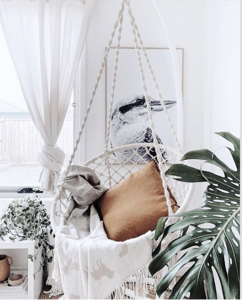 Relax and unwind in this gorgeous Macrame Boho Hanging Chair. This beautiful hanging chair has sturdy structure and has been adorned with stylish macrame and tassels and will add style and boho vibes to any space. This versatile chair can be used inside or outside.| Bliss Gifts &amp; Homewares | Unit 8, 259 Princes Hwy Ulladulla | South Coast NSW | Online Retail Gift &amp; Homeware Shopping | 0427795959, 44541523