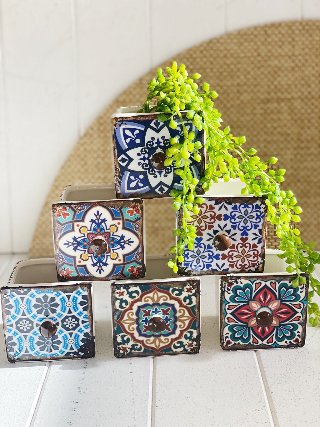 Our Moroccan Draw Pots are Bright and Colourful with Moroccan inspired patterns, and are perfect as a mini plant or succulent pot or great as a little keep sake, trinket container. Available in 6 patterns. Shop online. AfterPay available. Australia wide Shipping | Bliss Gifts & Homewares - Unit 8, 259 Princes Hwy Ulladulla - 0427795959, 44541523 