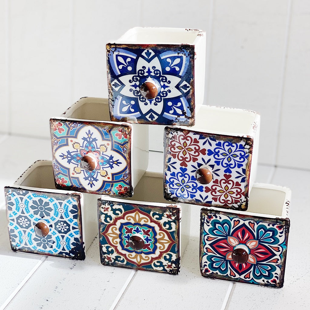 Our Moroccan Draw Pots are Bright and Colourful with Moroccan inspired patterns, and are perfect as a mini plant or succulent pot or great as a little keep sake, trinket container. Available in 6 patterns. Shop online. AfterPay available. Australia wide Shipping | Bliss Gifts &amp; Homewares - Unit 8, 259 Princes Hwy Ulladulla - 0427795959, 44541523 
