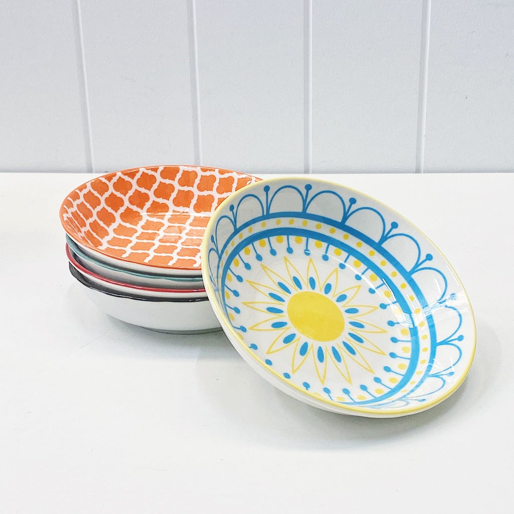 Moroccan Style Condiment Dish Large – perfect for dipping sauces and serving olives or nuts on your grazing platter - Moroccan Style Dinnerware - Mix & Match - 14cmW x 3cmH - wide range of colours and patterns - Commercial Grade quality - Patterns Picked at random | Bliss Gifts & Homewares - Unit 8, 259 Princes Hwy Ulladulla - Shop Online - 0427795959, 44541523 - Australia wide shipping – AfterPay Available