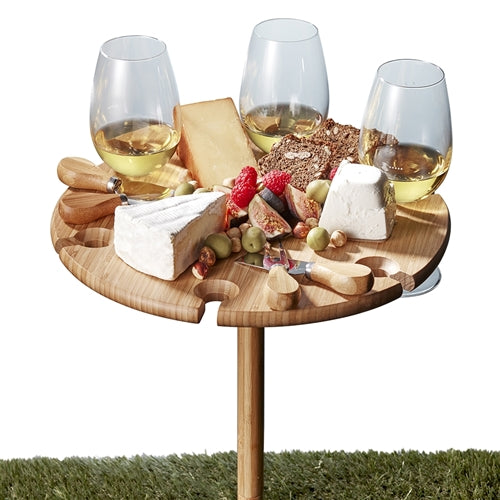 Made from lightweight bamboo, this circular tray includes four stainless steel cheese knives, screw legs in two heights and six openings to safeguard your wine-stemmed glasses – with room for fine cheeses in the middle. BLISS Gifts &amp; Homewares - Online &amp; In-store. AfterPay now available.| Bliss Gifts &amp; Homewares | Unit 8, 259 Princes Hwy Ulladulla | South Coast NSW | Online Retail Gift &amp; Homeware Shopping | 0427795959, 44541523