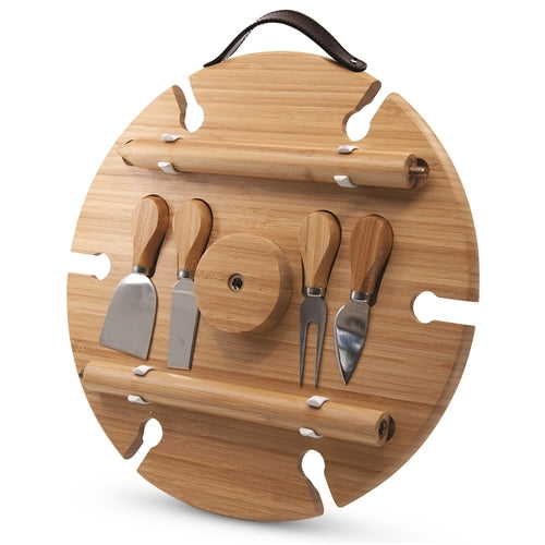 Made from lightweight bamboo, this circular tray includes four stainless steel cheese knives, screw legs in two heights and six openings to safeguard your wine-stemmed glasses – with room for fine cheeses in the middle. BLISS Gifts &amp; Homewares - Online &amp; In-store. AfterPay now available.| Bliss Gifts &amp; Homewares | Unit 8, 259 Princes Hwy Ulladulla | South Coast NSW | Online Retail Gift &amp; Homeware Shopping | 0427795959, 44541523