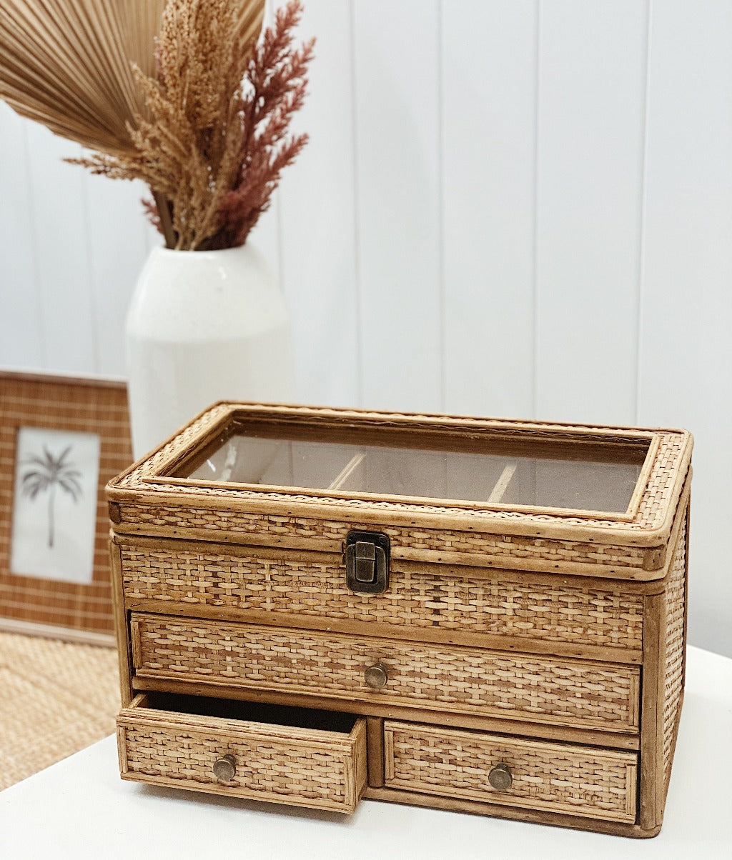 Our Rattan Weave Jewellery Box is a gorgeous piece to have set on your beauty desk or basin. The natural woven rattan detailing with cute brass drawer handles bring this jewellery box together. 36x20x20.| Bliss Gifts &amp; Homewares | Unit 8, 259 Princes Hwy Ulladulla | South Coast NSW | Online Retail Gift &amp; Homeware Shopping | 0427795959, 44541523