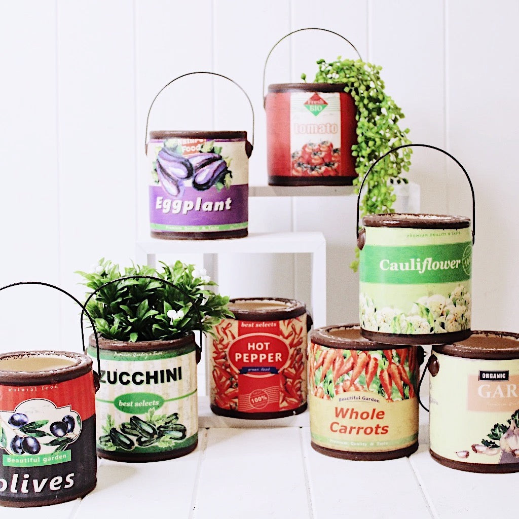 These funky ceramic Retro Garden Vegetable Print Planters are the perfect rustic pot to put on display in your home or plant your favourite herb or plant inside | 8 styles available | Ceramic rustic tin can look | 11.5 x 12cm | Drainage hole and plug | Shop online or in-store | AfterPay available | Australia wide Shipping | Unit 8, 259 Princes Hwy Ulladulla | South Coast NSW | 0427795959, 44541523