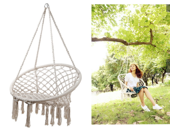 Relax and unwind in this gorgeous Macrame Boho Hanging Chair. This beautiful hanging chair has sturdy structure and has been adorned with stylish macrame and tassels and will add style and boho vibes to any space. This versatile chair can be used inside or outside.| Bliss Gifts &amp; Homewares | Unit 8, 259 Princes Hwy Ulladulla | South Coast NSW | Online Retail Gift &amp; Homeware Shopping | 0427795959, 44541523