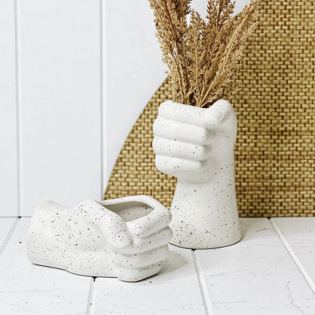 Our new Sculpture Arm Vase is &#39;hands down&#39; the best vase for your contemporary home. With a cement speckle look, this on-trend vase can also be used as a pot! 10x9.5x16cm.| Bliss Gifts &amp; Homewares | Unit 8, 259 Princes Hwy Ulladulla | South Coast NSW | Online Retail Gift &amp; Homeware Shopping | 0427795959, 44541523