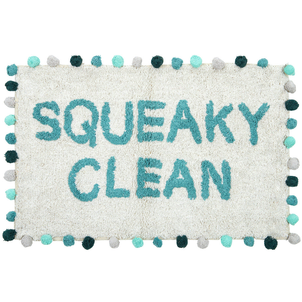 Our Squeaky Clean Bathmat - 50 x 80cm will bring a playful style and a pop of colour to your bathroom. Featuring a fun worded design with pom poms, this bathmat also adds texture to your bathroom or ensuite.| Bliss Gifts &amp; Homewares | Unit 8, 259 Princes Hwy Ulladulla | South Coast NSW | Online Retail Gift &amp; Homeware Shopping | 0427795959, 44541523